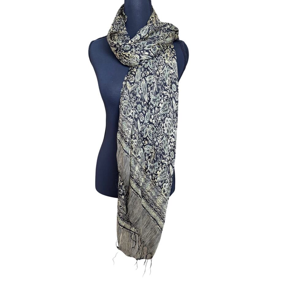 Black and gold silk square scarf floral botanical print fringe accent